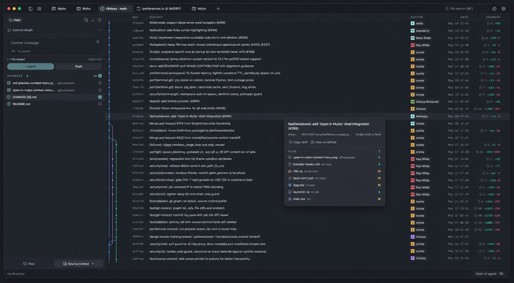 Myko source control panel showing a commit graph and file history