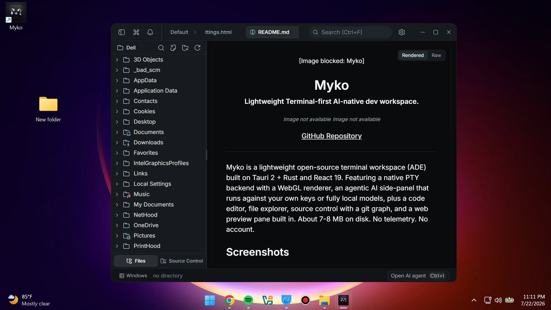 Myko project README describing it as a lightweight terminal-first AI-native dev workspace
