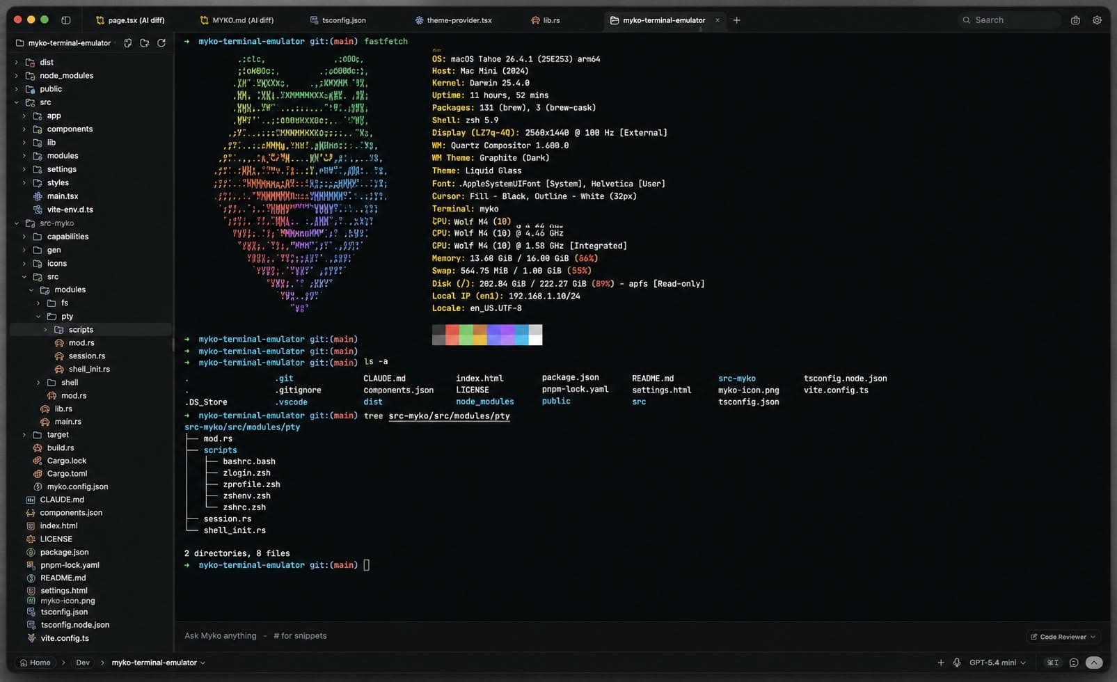 Myko terminal workspace running fastfetch with a live system summary